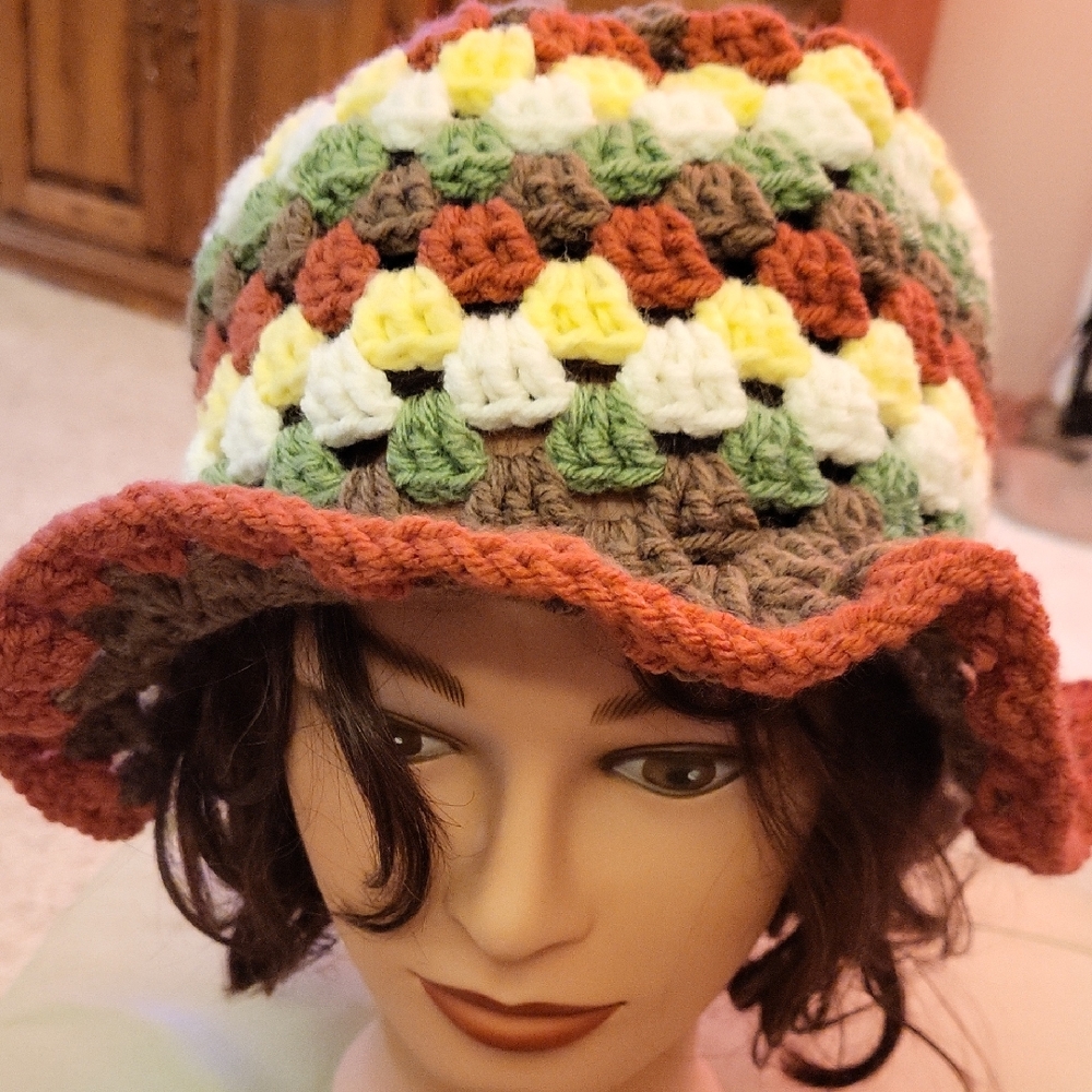 Grannie Square Bucket Hat, Hand Made Crochet